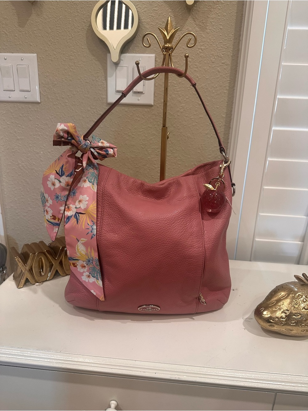Pink Leather Hobo Bag with Floral Scarf Accent